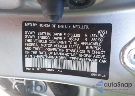 2021 Honda Civic Sport from USA, damaged, VIN SHHFK7H4XMU425980